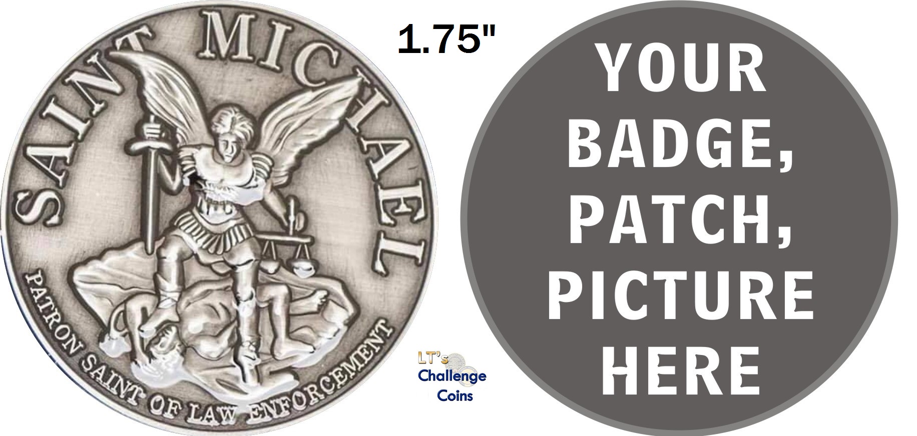 Silver coin featuring Saint Michael slaying a demon; edge reads 'Patron Saint of Law Enforcement'.